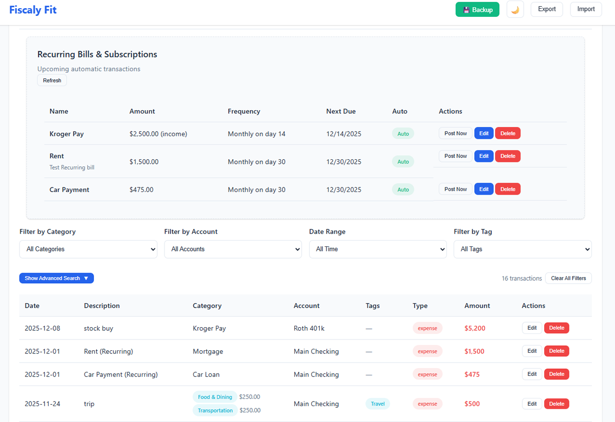 Fiscaly Fit Personal Finance Tracker Transactioon Tracking Screen
